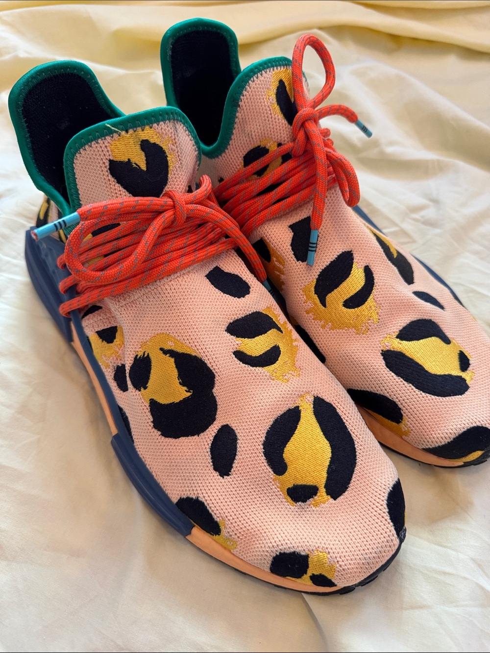 adidas Men’s Yellow Leopard Print Sneakers with Blue Cage and Orange Laces